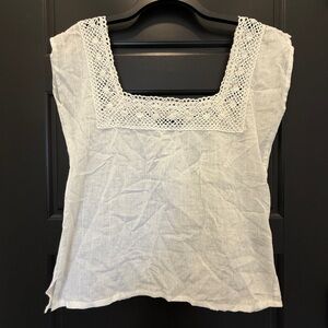 Elegant White Lace Trimmed Linen Top